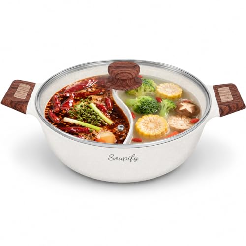 Soupify 5-QT Shabu Shabu Pot, Non-Stick Hot Pot with Divider, Dual Flavor Stockpot with Lid for Cooking, Perfect for Family and Friends Gathering