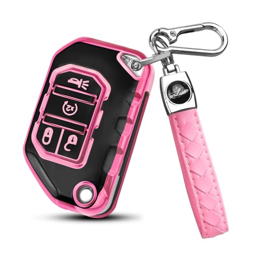 QBUC for Jeep Key Fob Cover with Keychain Compatible with Jeep Wrangler JLU JL Gladiator Rubicon JT Car Flip Key (pink)