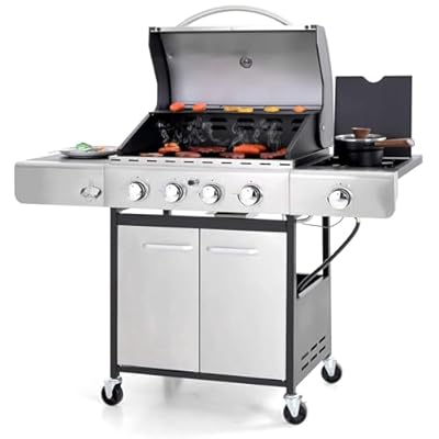 Sophia & William 4-Burner Gas BBQ Grill with Side Burner and Porcelain-Enameled Cast Iron Grates 42,000BTU Outdoor Cooking Stainless Steel Propane Grills Cabinet Style Garden Barbecue Grill, Silver