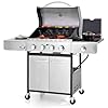 Sophia William 4 Burner Propane Gas BBQ Grill with Side Burner and Porcelain Enameled Cast Iron Grates Stainless Steel Barbecue Grills Outdoor Cooking Silver Cabinet Style 42000BTU