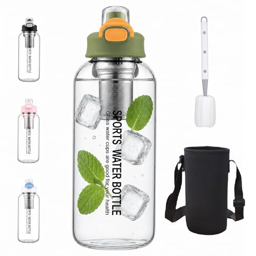 Gourde en verre de 1,5 l, réutilisable, avec infuseur à thé, en verre borosilicate transparent, anti-fuite, pour fitness, randonnée, camping, passe au lave-vaisselle (vert)