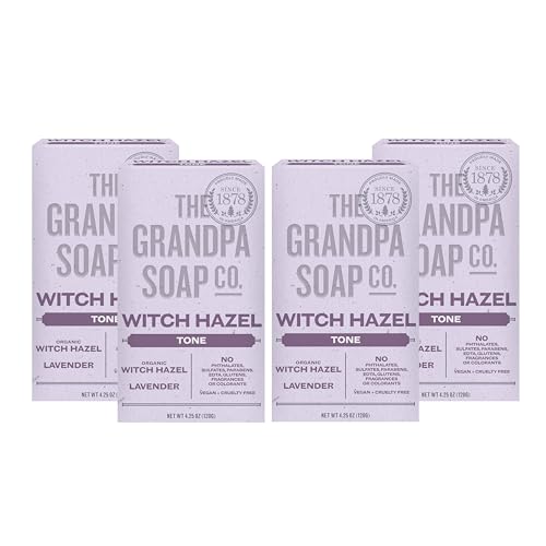 The Grandpa Soap Company Witch Hazel Bar Soap - Gently Tones Skin With Witch Hazel and Lavender Provides a Relaxing Effect Vegan For Face and Body 4.25 Oz 4 Pack