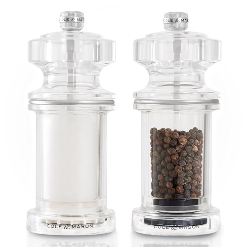 Cole & Mason 605 Salt and Pepper Mill Set, Precision+/Ceramic Mechanisms, Adjustable Salt and Pepper Grinders, Acrylic, 144mm, Cooking/Seasoning, Lifetime Mechanism Guarantee