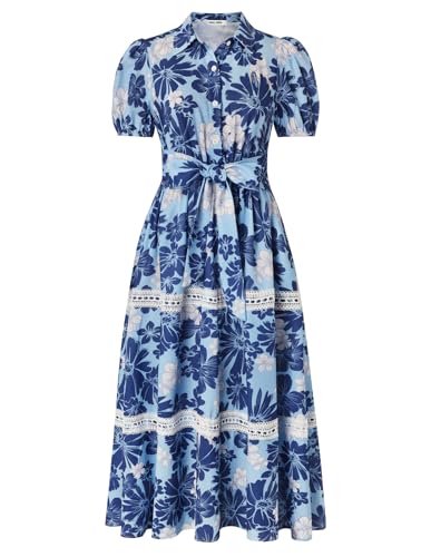 GRACE KARIN Women's 2026 Summer Floral Flowy Dresses Boho Tie Belt Short Puff Sleeve A Line Maxi Shirt Dress with Pocket Navy Flower Medium