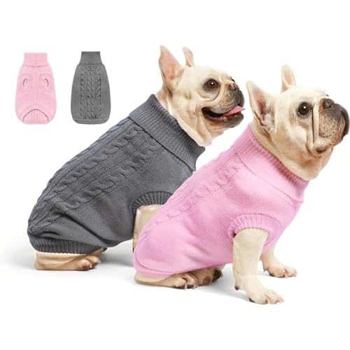 2 Pack Dog Sweaters for Small Dogs – Puppy Medium Warm Clothes in Winter, Turtleneck Pullover Design for Boy Girl Pet, Doggie, Cat, Kitten Chihuahua Bulldog Pug Beagles (S, Grey, Pink)