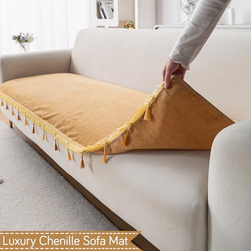 Image of HOKIPO 'Serenity Tassel' Chenille Sofa Cover 6 Seater Set with Tassels - Washable 3+2+1 Sofa Cover Mat | Sunlit Amber (IN-890 + IN-891 + IN-892 - GLD)