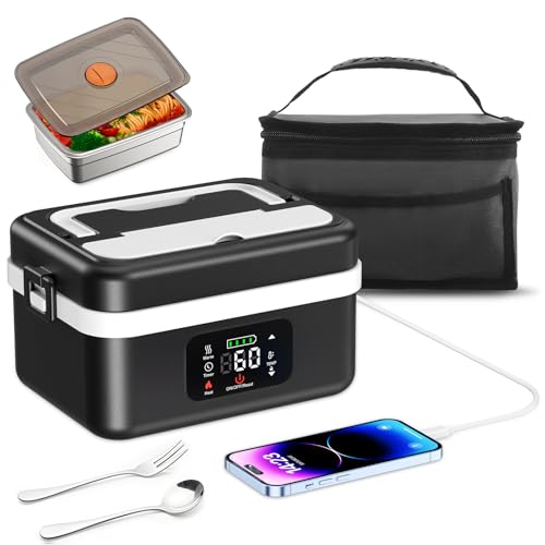 Electric Lunch Box, 1L Intelligent Heated Lunch Box for Adults with Touch Screen, Fast Heating Portable Food Warmer with Stainless Steel Tableware and Insulated Bag for Car Office Travel Picnic