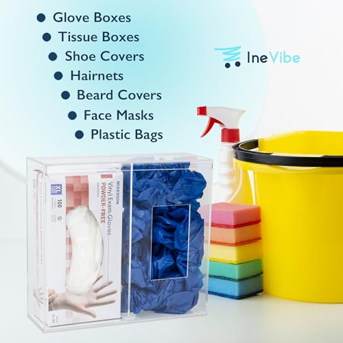 Image of IneVibe Double Hygiene Holder - 2 Compartment Acrylic Dispenser with Lid for Hairnets, Glove Boxes, Face Masks, Plastic Bags, Tissue Boxes in Home or Medical Setting - Counter or Wall Mount (Double)