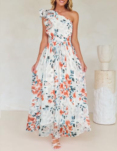 Image of ZESICA Women's 2026 Summer Floral Sleeveless Maxi Dress | One Shoulder, Sleeveless, Ruffle, High Waist, Beach Wedding Guest, Vacation, Graduation, Bridal Shower, Boho Long Dresses