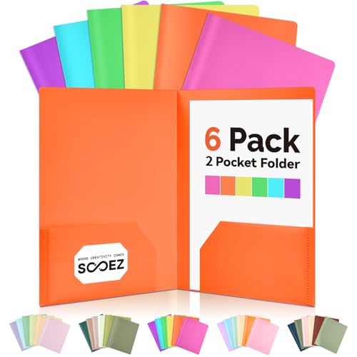 Sooez 6Pack Folders with Pockets, Pastels Colors, Heavy Duty Pocket Folder, Plastic Folders with Pockets, 2-Pocket Folder Bulk, Aesthetic File Folder, Back to School Office Filing Supplies