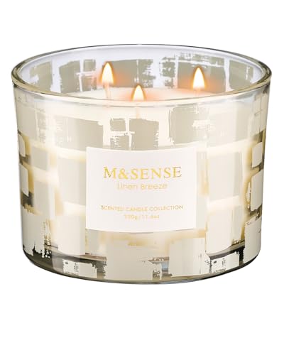 M&SENSE Linen Breeze, 3 Wick Scented Candle,11.6oz Natural Soy Wax Non Toxic for Home, Up to 60 Hours Burn time, Jar Candle Long Lasting,Fall Decorations for Home
