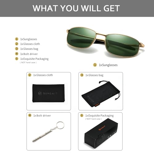 Image of SUNGAIT Mens Narrow Polarized Sunglasses Metal Frame Small Rectangle Retro Durable UV400 Protection