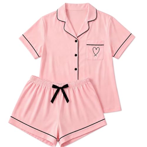 Image of SCCGKP Women's Pyjama Set Short Sleeve Button Down Pyjamas Two Piece Sleepwear Comfy Nightwear PJ Set with Pockets for Ladies Pink