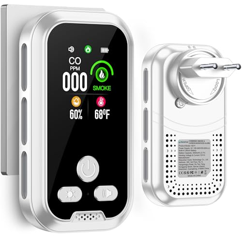 Gedsffati Plug in 4in1 Detector de Humo & Monoxido de Carbono Combinación con Batería de Respaldo 2000mAh 2.1‘’ HD Pantalla [CO Humo Humedad Temperatura Sensores] para de Casa (DH11-CS, Blanco)