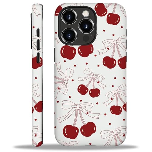 ilikediy for iPhone 16 Pro Max Case,HH2 Red Cherry Bows Hybrid 2 Layer Hard Shell Silicone Protective Pattern Design Case