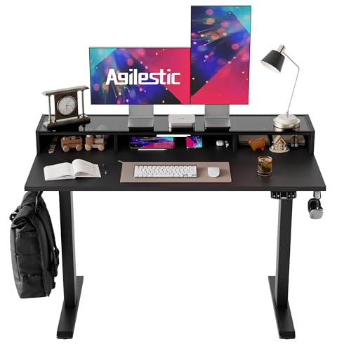 Agilestic Glass Standing Desk with Storage, 48 Inch Electric Adjustable Desk with Glass Shelf, Sit Stand Up Home Office Computer Table, Splice Board, Black