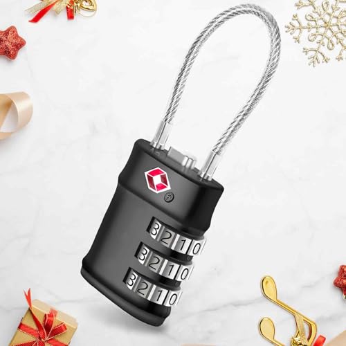 TSA Approved Luggage Locks, Combination Travel Cable Lock Heavy Duty, Metal Alloy Waterproof Resettable 3-Digit Padlocks, Keyless Padlock for School, Gym, Locker, Fence, Toolbox, Gate, Case-Black