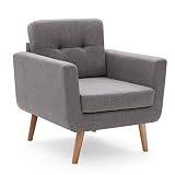 Tbfit Linen Fabric Accent Chair, Mid Century Modern Armchair for Living Room, Bedroom Tufted Upholst