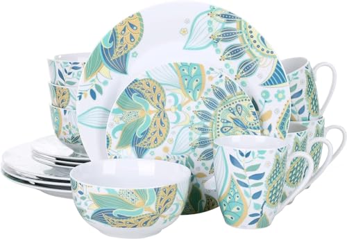 VEWEET 16 Piece Round Dinnerware Set, Porcelain Dish Set, Dishwasher Safe Plates and Bowls Sets for 4, Elina Series