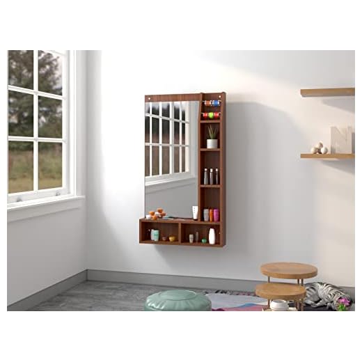 DAS Carolina Engineered Wood Wall Mount Dressing Table Vanity Mirror with Shelves and Bangle Holder- Classic Walnut