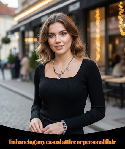 Image of 2 Pcs Gothic Jewellery Set, Edgy Moon Crescent and Star Necklace with Matching Chain Bracelet, Unisex Alternative Fashion Accessory for Men and Women, Perfect for Concerts, Festivals and Gift Giving
