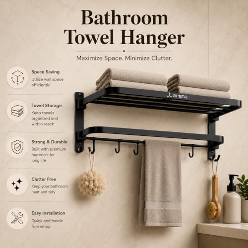 Image of Arena Premiuum Stainless Steel Towel Holder in Bathroom Folding Towel Rack /Shelf /Stand for Bathroom | Black 24 Inches Bathroom Towel Stand with Hooks and Hanger (Pack of 1)