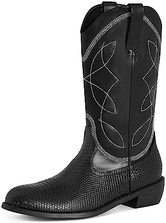 Tarkwa Western Cowboy Boots for Men Mid Calf Retro Pointed Toe Western Boots Durable Embroidered Work Boots