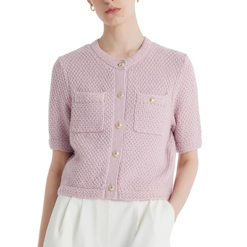 Women's Summer Cropped Cardigan Knitted Blouse Top Short Sleeve Crewneck Button Up Open Front T Shirts 2025 Trendy