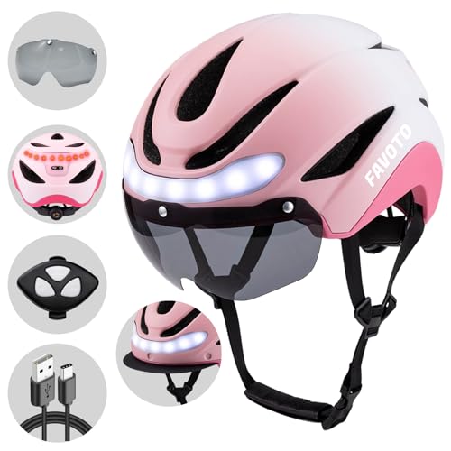 Favoto Casque de Vélo avec Lumière - Casques de Cyclisme pour Homme Femme Adulte avec Lumières Arrières Circonférence Réglable Visière Amovible L...