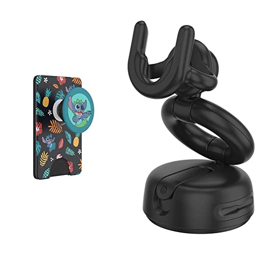 PopSockets: Phone Wallet with Expanding Grip, Phone Card Holder, Wireless Charging Compatible, Lilo & Stitch Stitch Aloha Pattern & for Car Dash & Desk Black | PopSockets | PopMount 2 Car & Desk