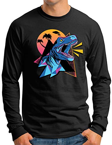 T-shirt T-Rex Vaporwave OM3 manches longues homme noir pour soirée rétro