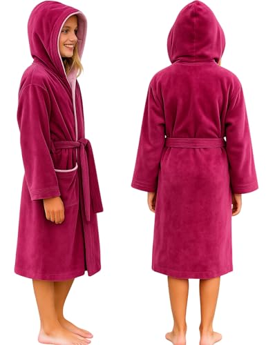 Morgenstern Bademantel mit Kapuze Kinder & Teenager Jungen Mädchen 100% Baumwolle Frottee OEKO-TEX® Kinderbademantel Morgenmantel 11-12 Jahre, Größe: 146-152, Fuchsia