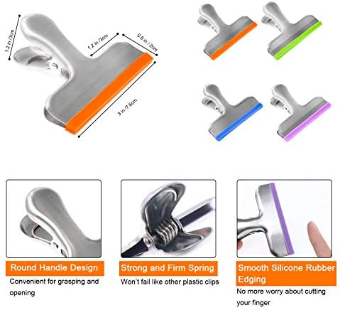 Coideal 8 Pack Food Storage Bag Sealing Clips Stainless Steel with Rubber Edging, 3 Inch Wide Large Heavy-Duty Air Tight Seal Freezer Bag Grip Clips Clamps for Kitchen Office Usage