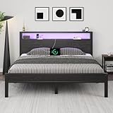 Queen Size Bed Frame with Storage Headboard, Industrial Platform Bed with Charging Station and LED Lights, Heavy Duty Metal Slats, No Box Spring Need, Noise Free, Black