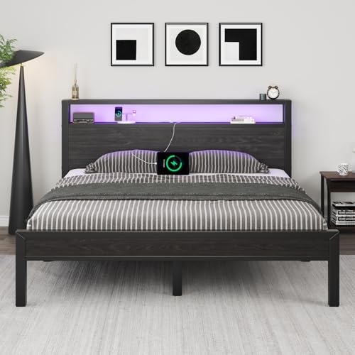 Image of LOEWAY Full Size Bed Frame with Storage Headboard, Industrial Platform Bed with Charging Station and LED Lights, Heavy Duty Metal Slats, No Box Spring Need, Noise Free, Black