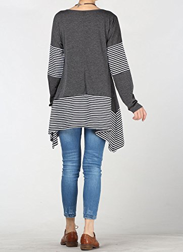 Mordenmiss Women's Stripes Asymmetry Tunic Swing Flowy Plain T-Shirt Top (3XL, Dark Gray)