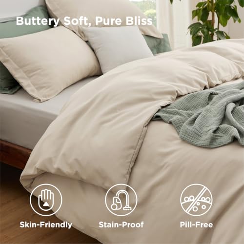 Image of Bedsure Queen Duvet Cover with Fitted Sheet, Double Brushed Bedding, Beige | 4Pcs, Deep Pocket, 90 inchx90 inch Comforter Cover, For Kids & Adults, Hotel Luxury, Soft, Breathable, Lightweight, Zipper Closure