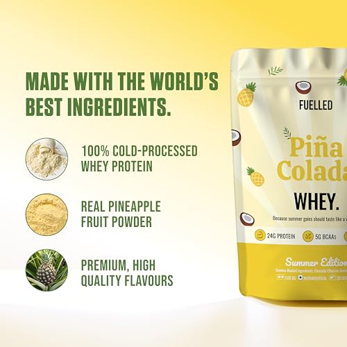 Image of FUELLED Whey Protein Powder with 24g Protein, 5g BCAAs, Pina Colada Flavour, 3 kg, 90 Servings, Gluten Free, Post Workout Recovery Supplement