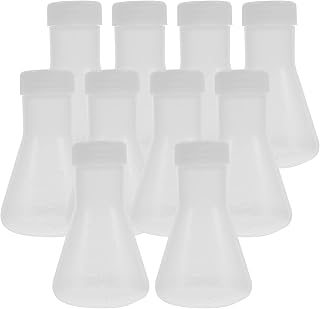 HEMOBLLO Glass Beakers Conical Flask- 50ML Plastic Erlenmeyer Flask Set with Screw Caps and Clear Scale, Scientific Conical Flask Laboratory Flask Lab Supplies (10PCS) Glass Flask