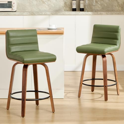 Image of Swivel Bar Stools Set of 2,26 inch Faux Leather Counter Height Barstools with Back,Mid Century Modern Upholstered Bar Chairs with Bentwood Legs Island Stools for Kitchen Counter Green