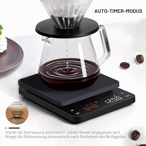 Foto von Bagail Digitale Kaffeewaage mit Timer 0,1 g Hochpräzise Elektronische Küchenwaage mit Großem Display und Automatischer Tarierung, Wiederaufladbare Waage für Filterkaffee, Max. Gewicht 3 Kg