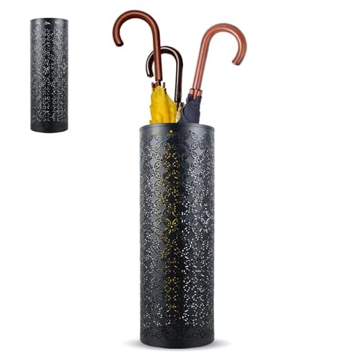 Porta ombrelli in metallo rotondo, supporto per ombrelli in stile moderno con scultura, portaombrelli con ganci per dormitorio, ingresso, portico, 15 x 15 x 42 cm (nero)