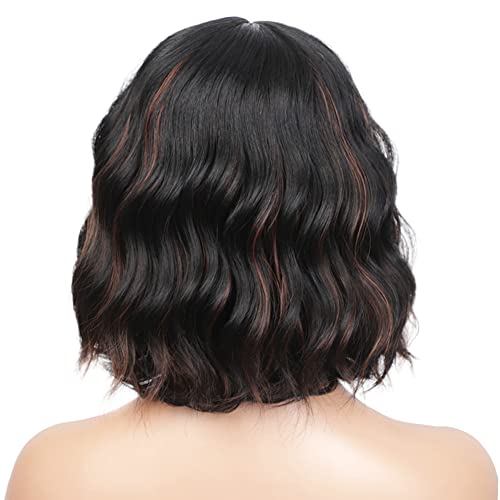 PORSMEER Short Wavy Bob Black Mixed Brown Highlight Wig with Fringe Natural Looking Synthetic Hair Wigs for Women Party Or Daily Wear - Image 4