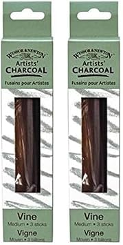Winsor & Newton Artist Vine Charcoal Sticks, Medium, Black, Box of 3 Sticks Pack of 2