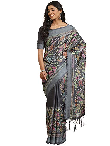 Image of AKHILAM Women's Animal Print Art Silk Saree with Unstitched Blouse Piece(Teal Green KNTHAC02A)