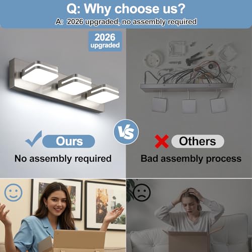 Image of Torondo 360 Rotate LED Bathroom Vanity Light Fixtures, Acrylic Vanity Lights for Bathroom, Modern Wall Lighting Fixtures Over Mirror Living, Brushed Nickel, Natural White, 3-Light, 17-Inch