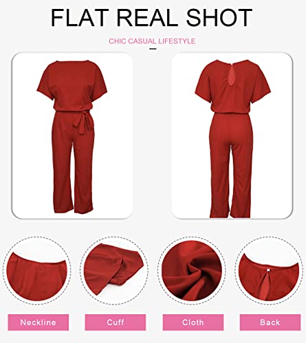 ASYOLY Dokotoo Womens Plus Size Crew Neck Long Sleeve Belted Wide Leg Playsuits Keyhole Apricot Jumpsuit Dressy Formal X-Large