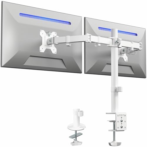 VIVO White Dual 13 to 27 inch LCD LED Monitor Desk Mount Stand with C-clamp and Bolt-Through Grommet, Heavy Duty Fully Adjustable Arms for 2 Screens STAND-V002W