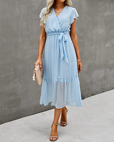 Btfbm Women Summer Bohemian Floral Casual Wrap V Neck Ruffle Cap Sleeveless Belt A-Line Pleated Hem Swing Midi Sun Dress (Swiss Dot Light Blue, L) #TOP1