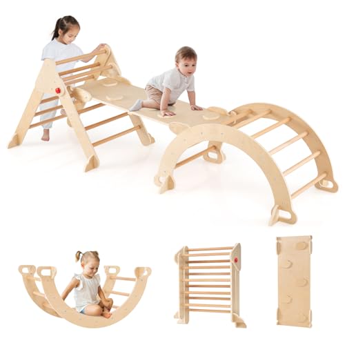 COSTWAY Kletterdreieck mit Rutsche, Kletterbogen, inkl. doppelseitige Rampe, Klettergerüst Indoor klappbar, Sprossendreieck zum Klettern, Rutschen und Wippen, Kinder Spielplatz Holz ab 3 Jahre, Natur